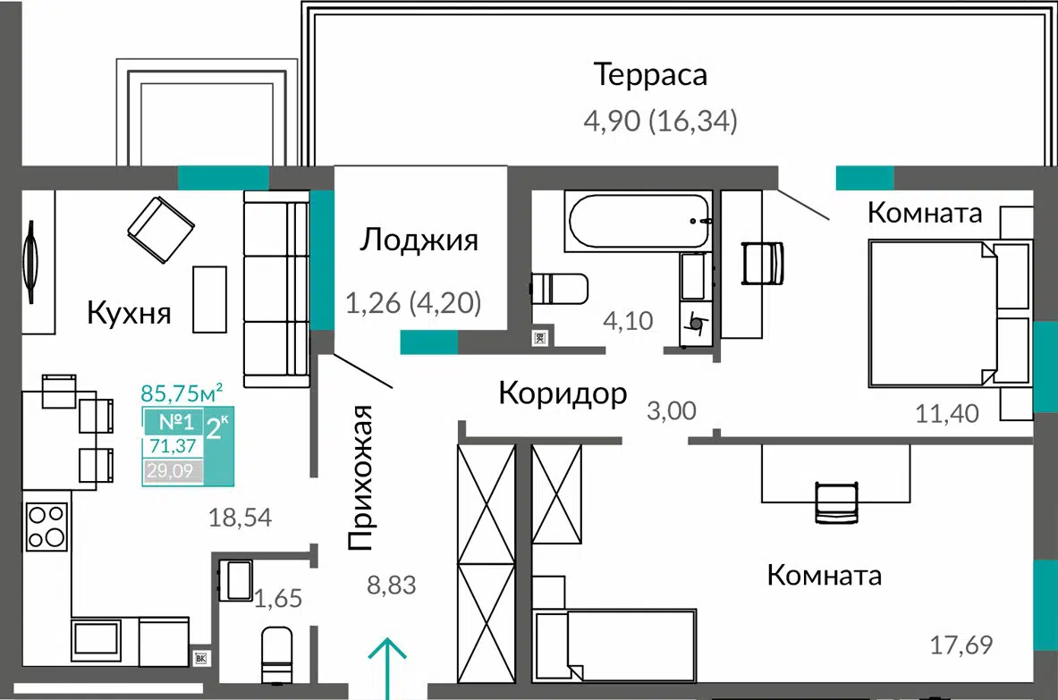 Планировка: 2-комн. квартира 71.37 м² в новостройке ЖК Горизонты