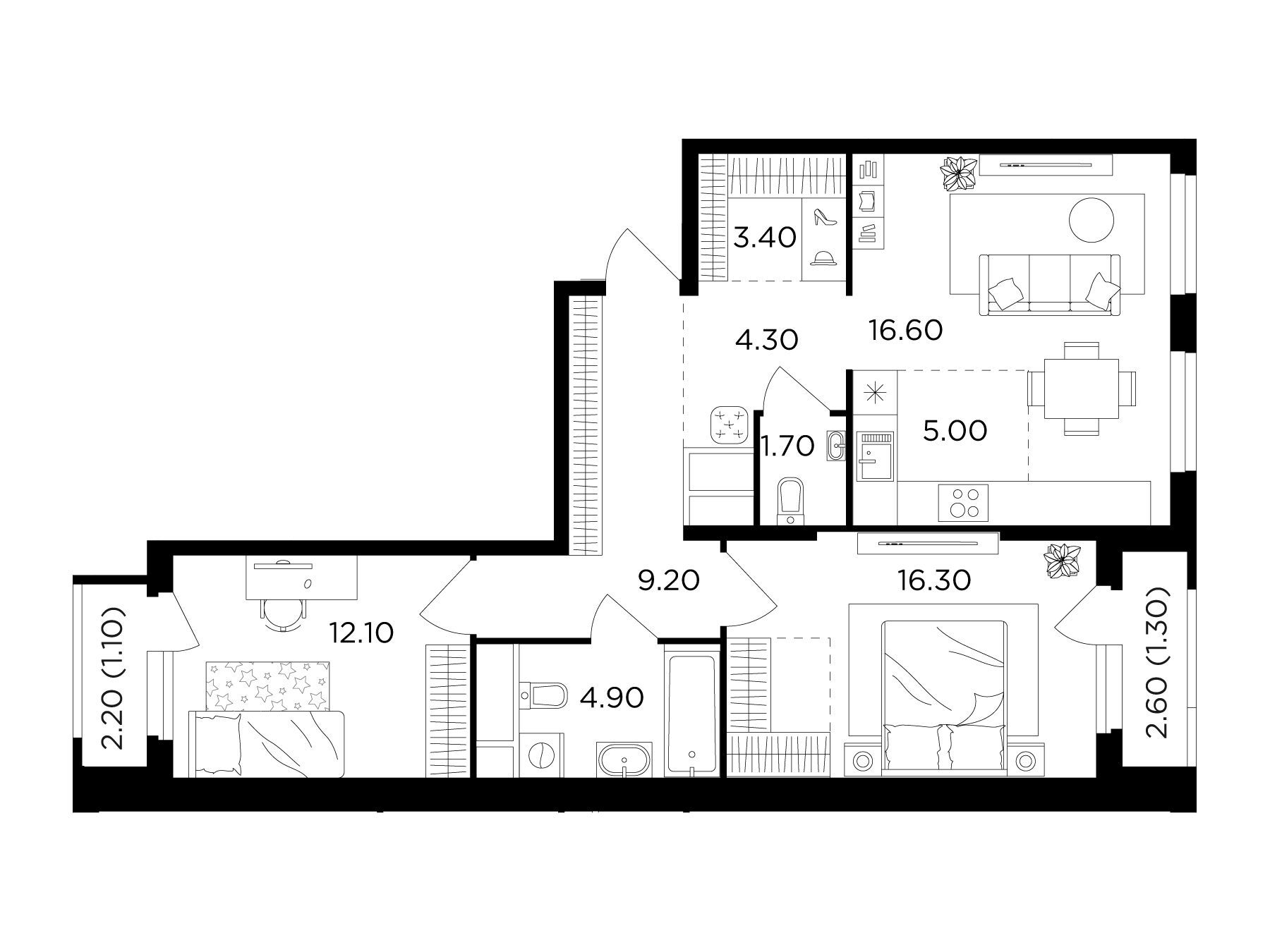 Планировка: 2-комн. квартира 75.90 м² в новостройке Филатов луг