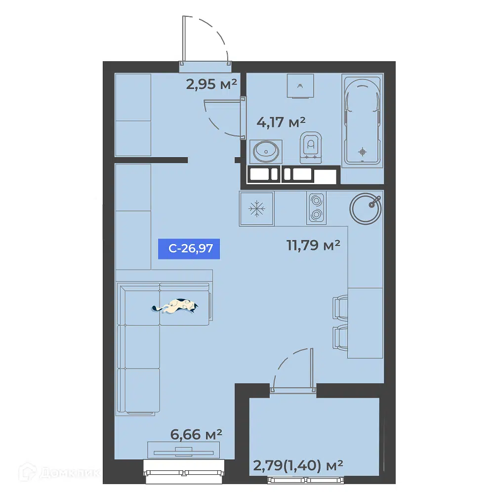 Планировка: Студия 26.97 м² в новостройке Соловей