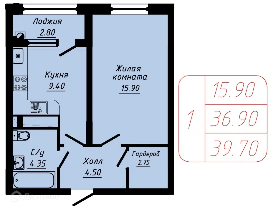 Планировка: 1-комн. квартира 39.70 м² в новостройке 40 лет Октября