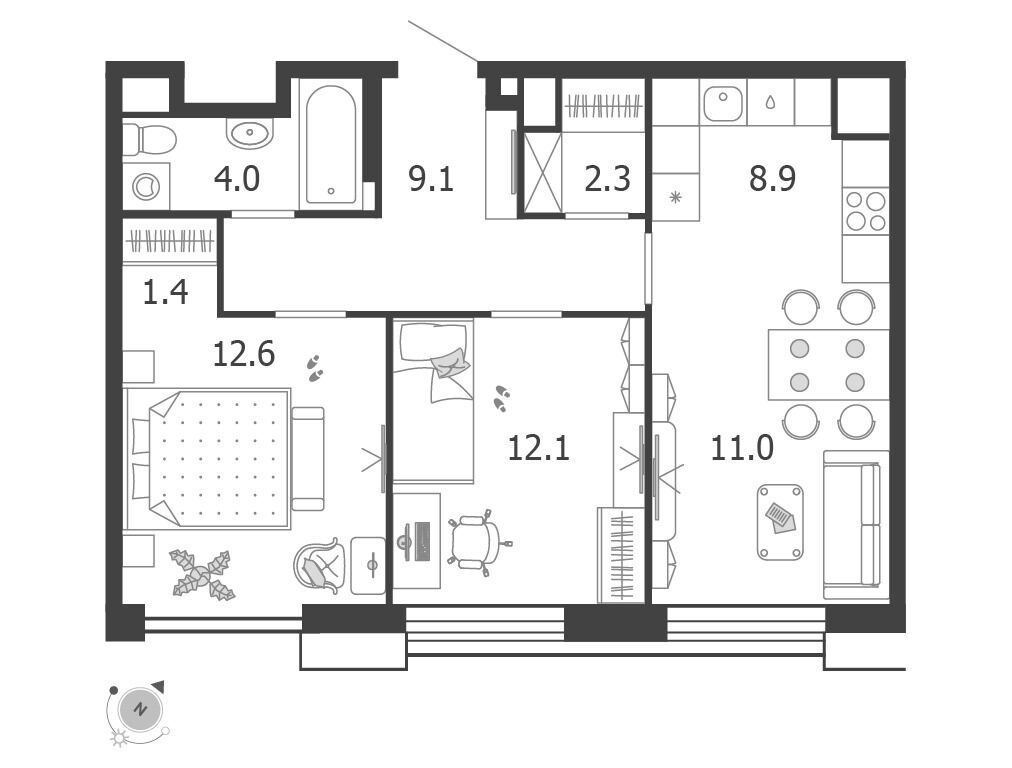 Планировка: 3-комн. квартира 61.40 м² в новостройке Воксхолл