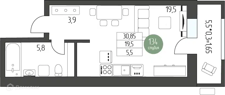 Планировка: Студия 30.85 м² в новостройке Лермонтов