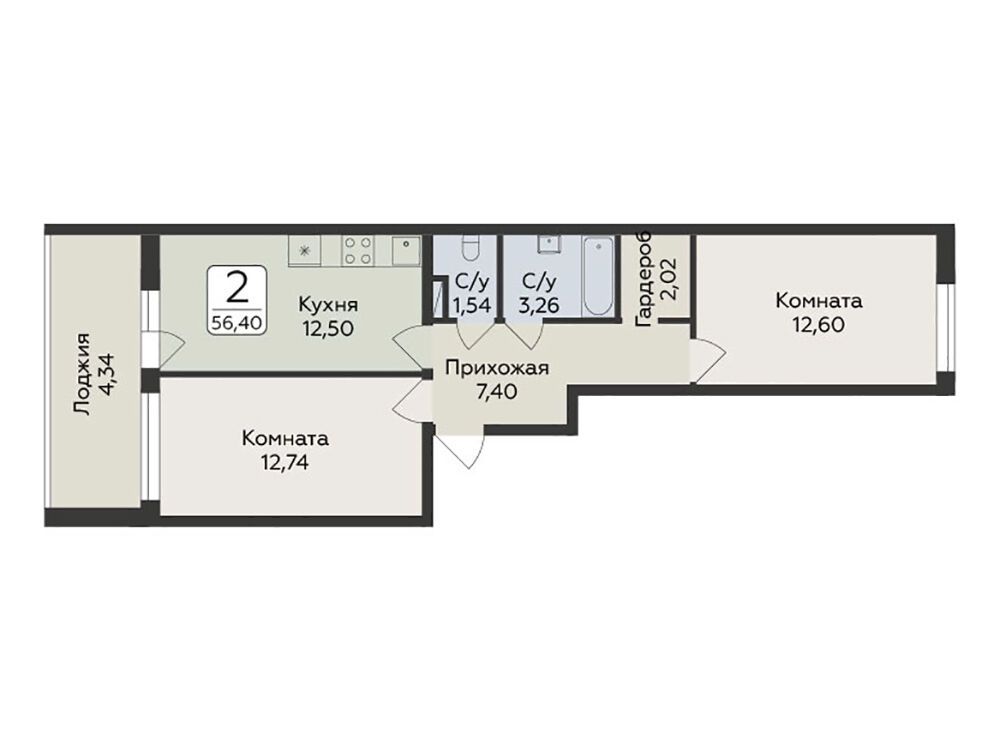 Планировка: 2-комн. квартира 56.40 м² в новостройке Панорама Юкки