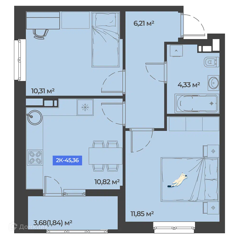 Планировка: 2-комн. квартира 45.36 м² в новостройке Соловей