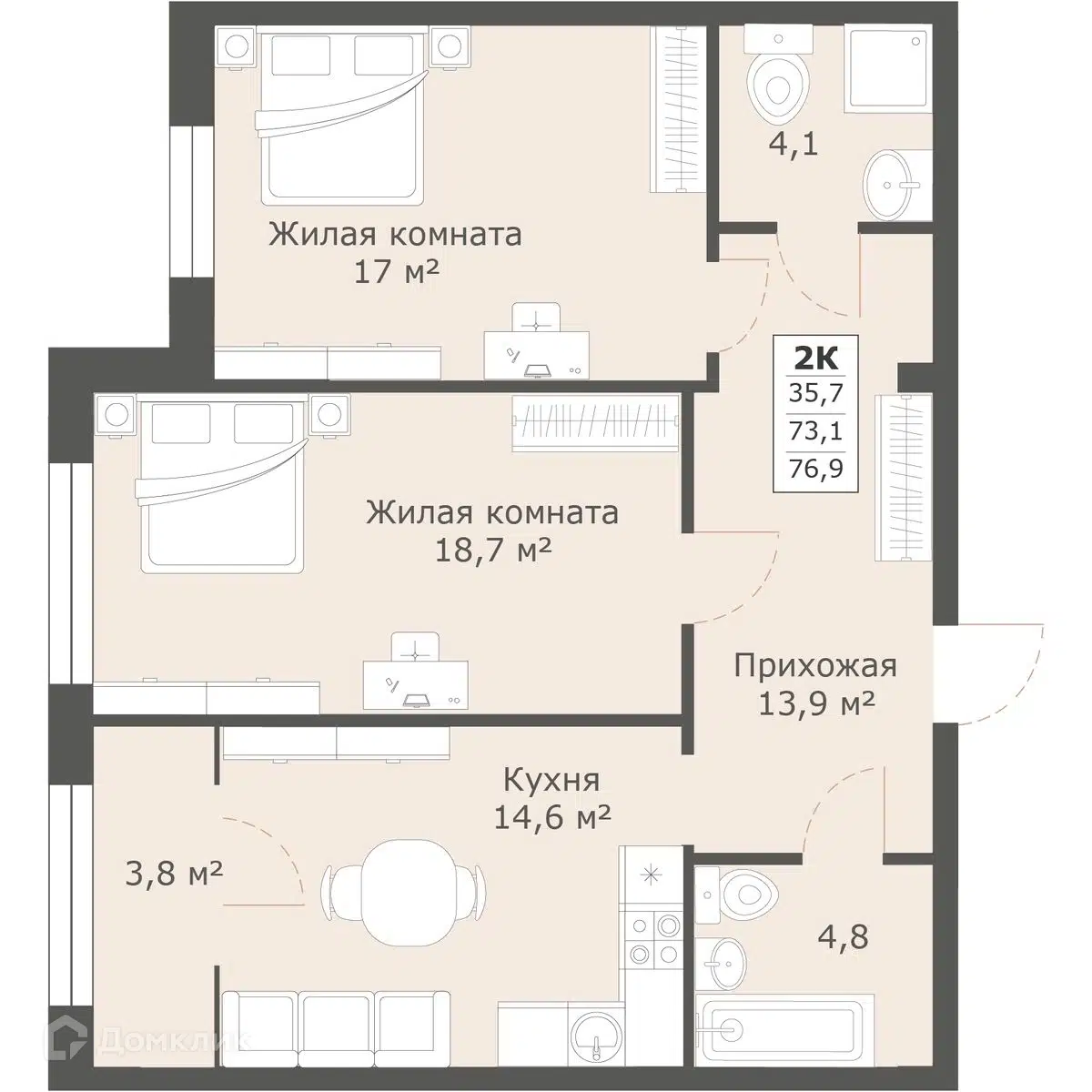 Планировка: 2-комн. квартира 75.80 м² в новостройке Моне