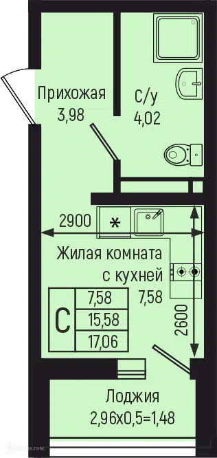 Планировка: Студия 17.06 м² в новостройке Ботаника Хилс