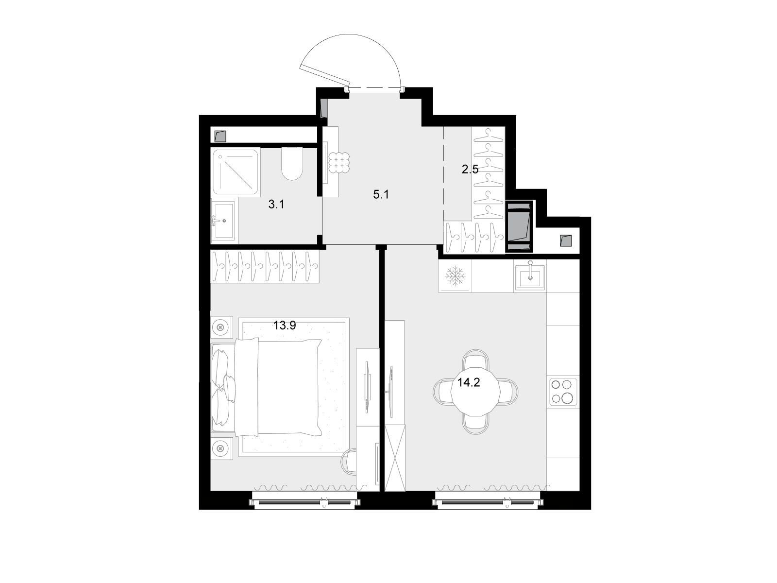 Планировка: 1-комн. квартира 39.50 м² в новостройке Малевич