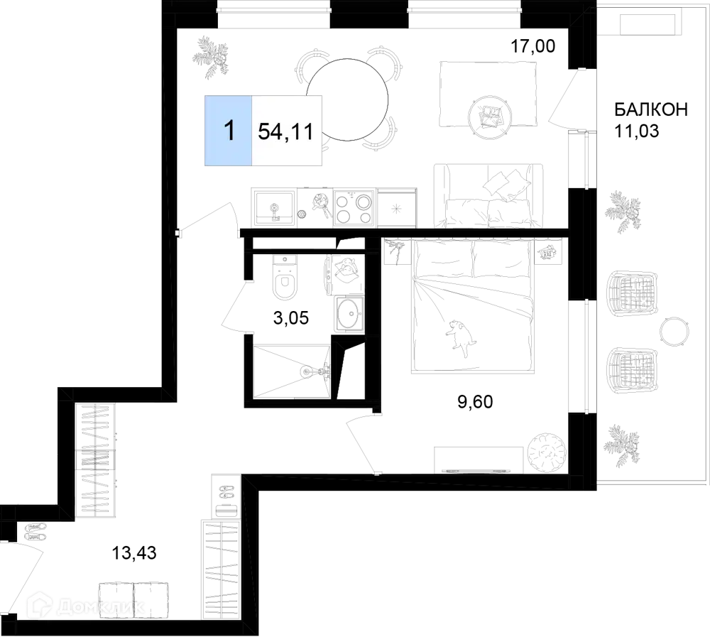 Планировка: 1-комн. квартира 54.11 м² в новостройке Корсаков