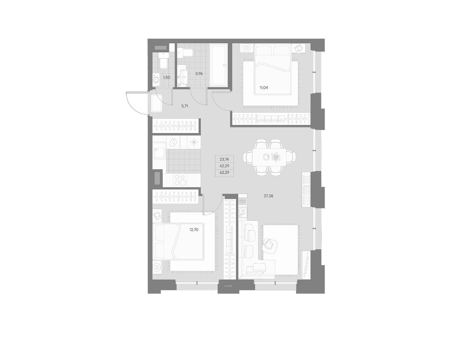 Планировка: 2-комн. квартира 62.29 м² в новостройке Альпен