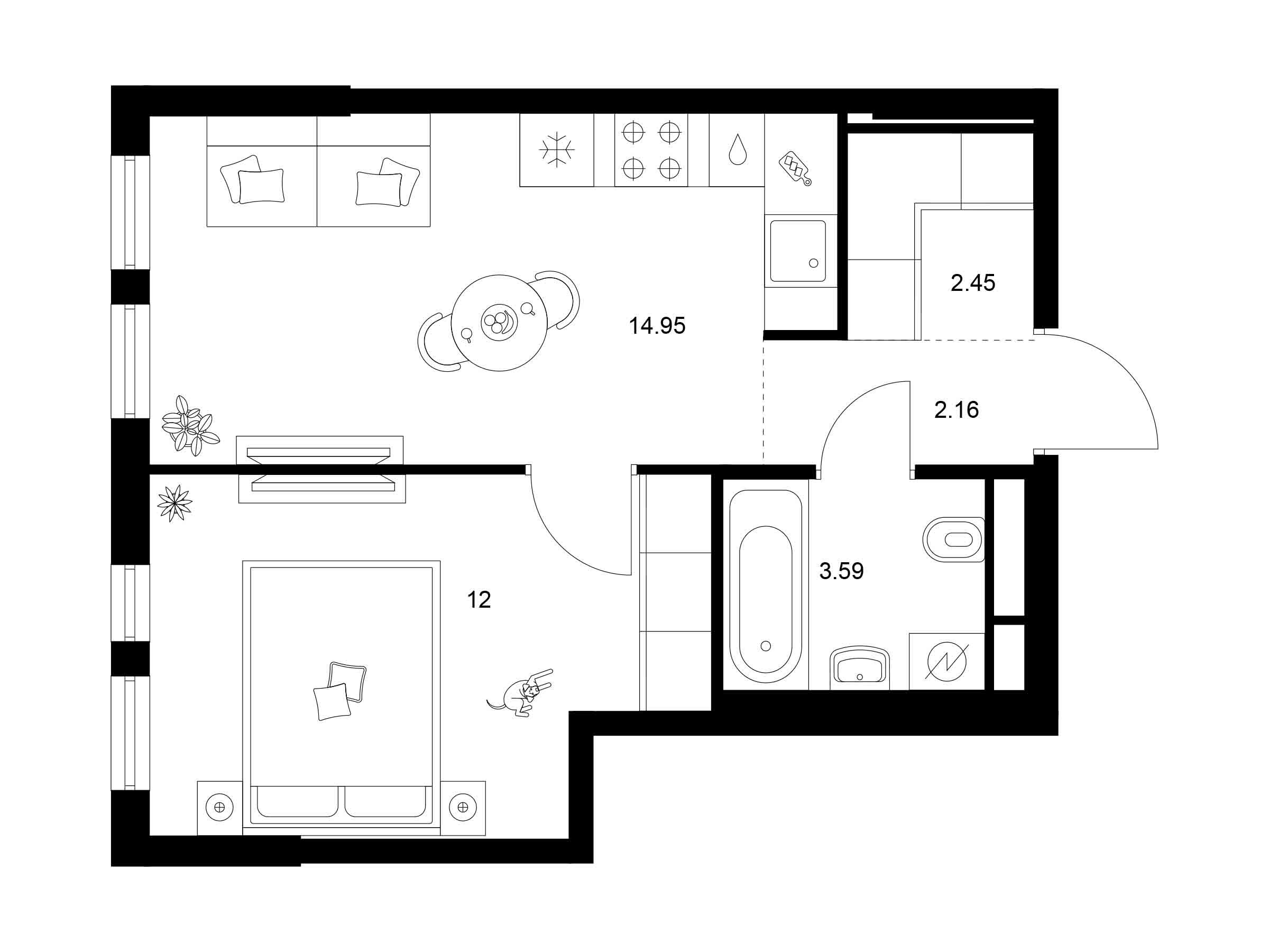 Планировка: 1-комн. квартира 35.15 м² в новостройке Квартал Мит