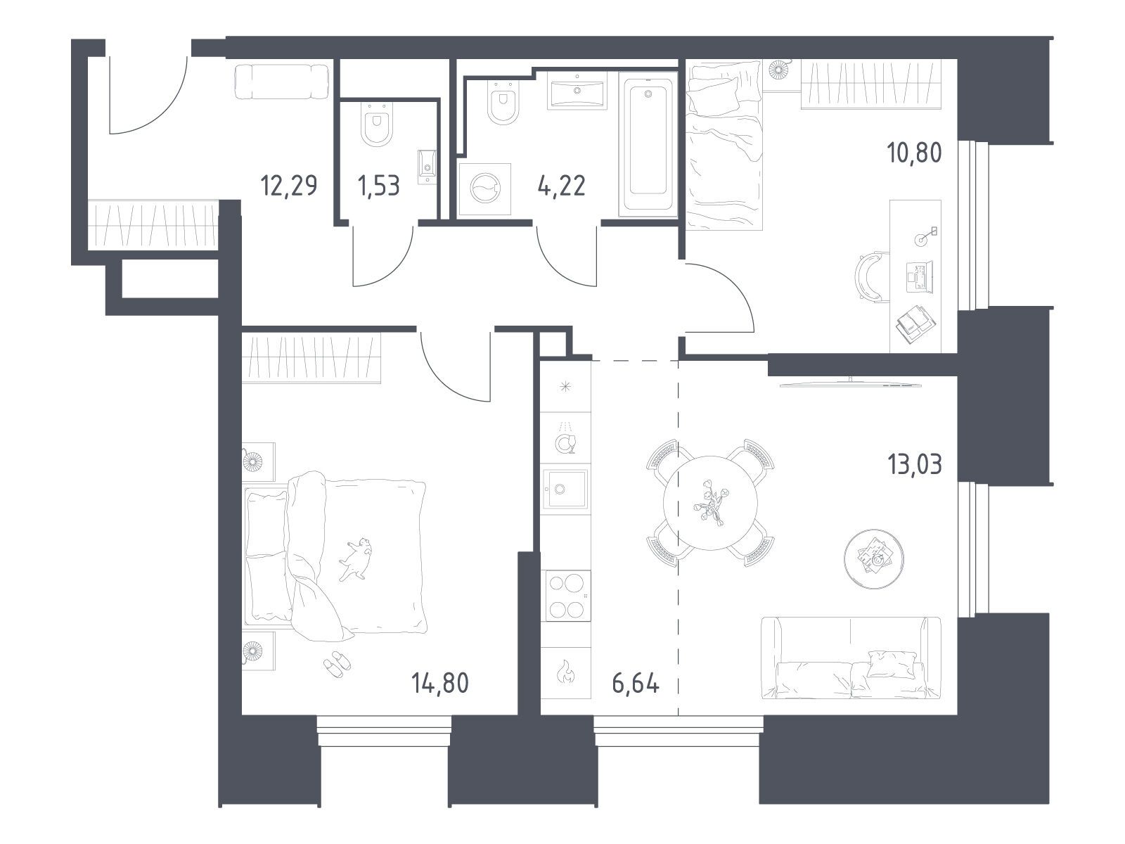 Планировка: 2-комн. квартира 63.31 м² в новостройке Скай Спутник