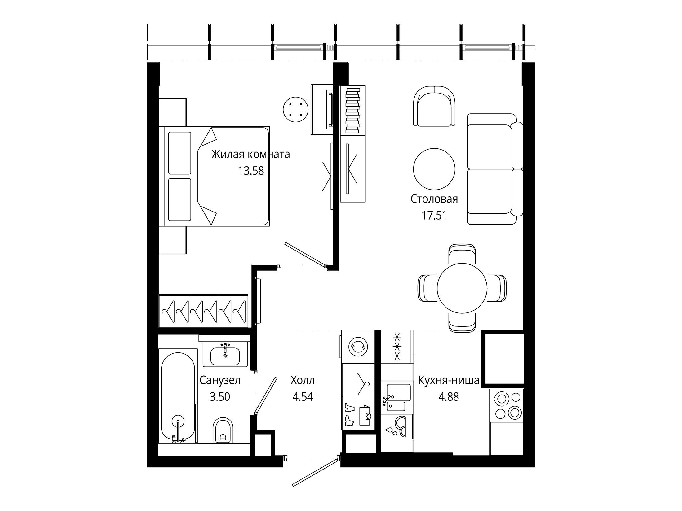 Планировка: 1-комн. квартира 44.10 м² в новостройке Мод