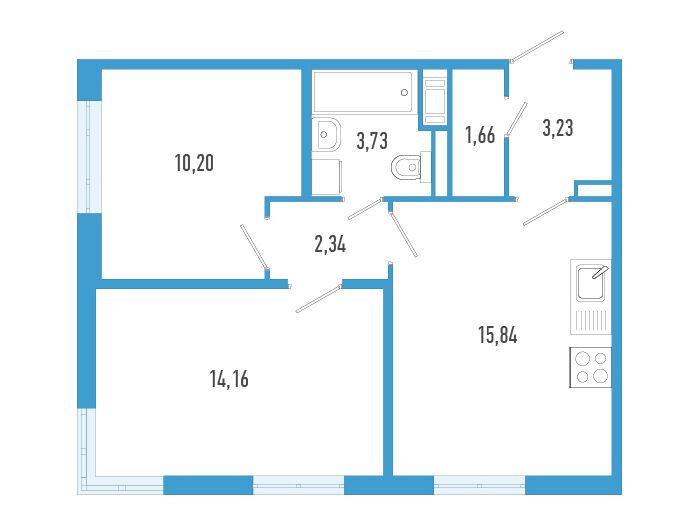 Планировка: 2-комн. квартира 51.16 м² в новостройке Аэросити