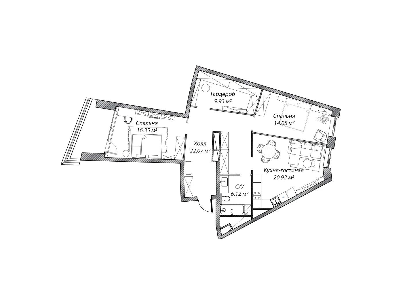 Планировка: 3-комн. квартира 89.50 м² в новостройке Рублево