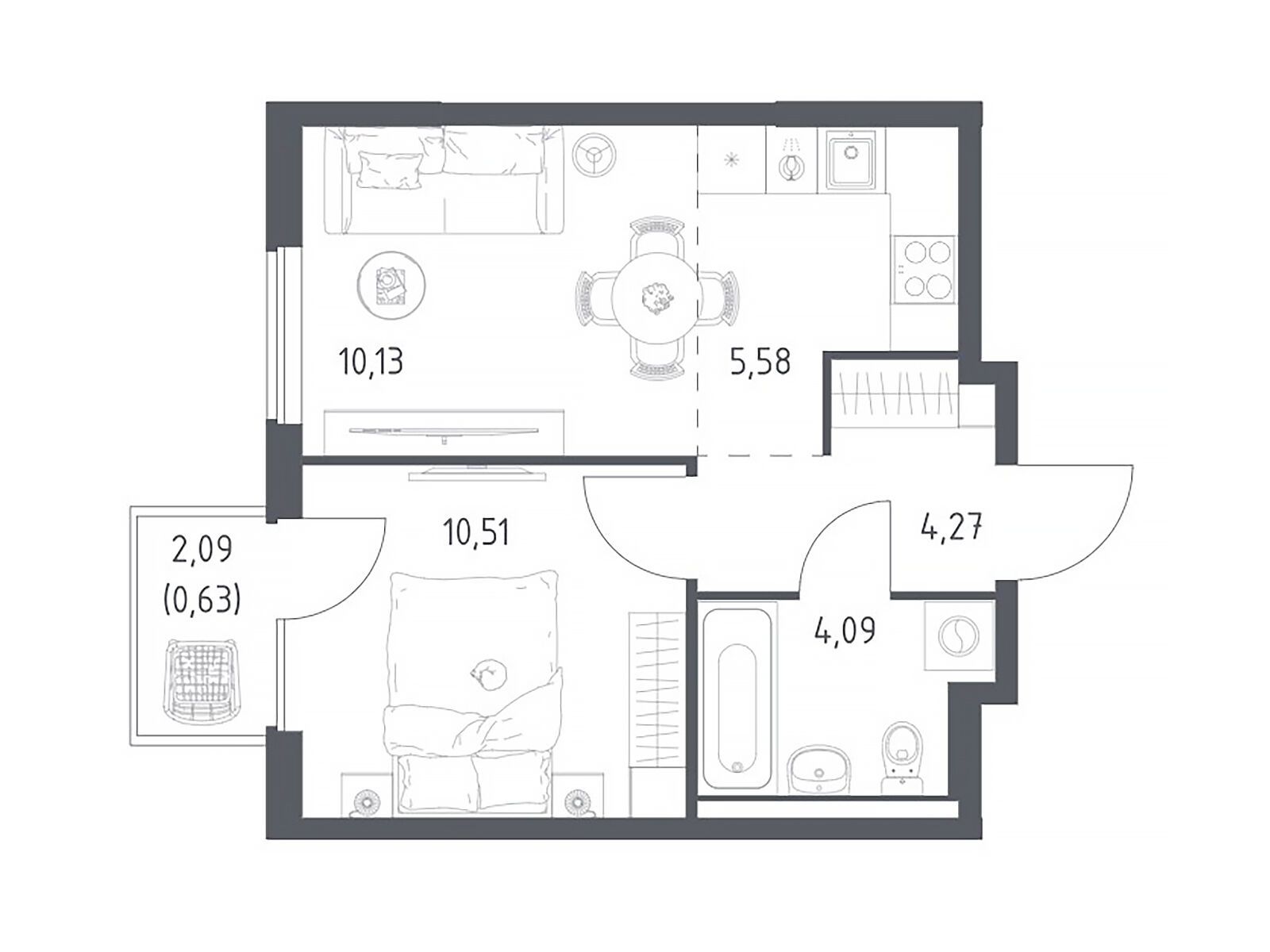 Планировка: 1-комн. квартира 35.21 м² в новостройке Горки Парк