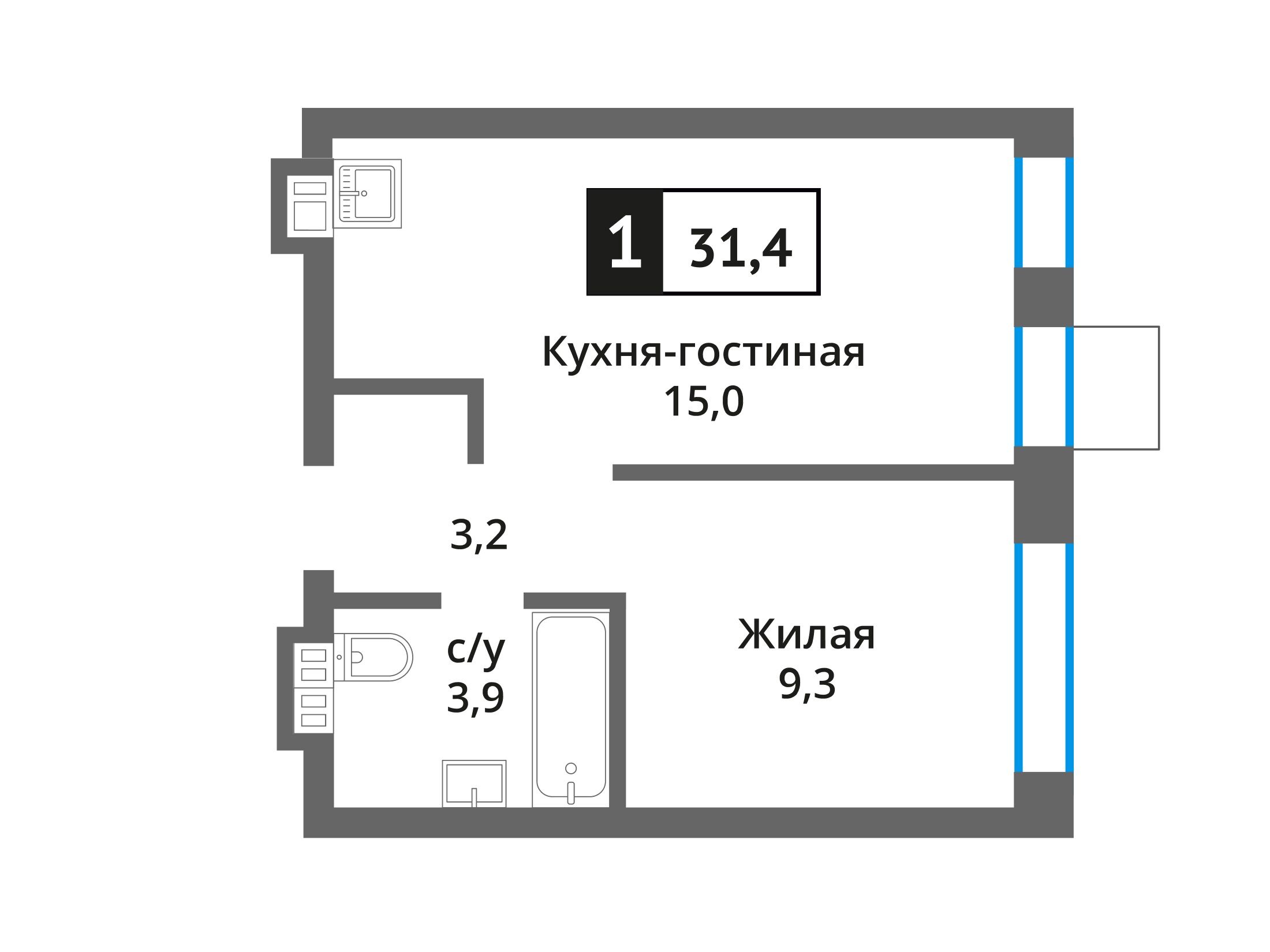 Планировка: 1-комн. квартира 31.70 м² в новостройке Никольский квартал Отрада
