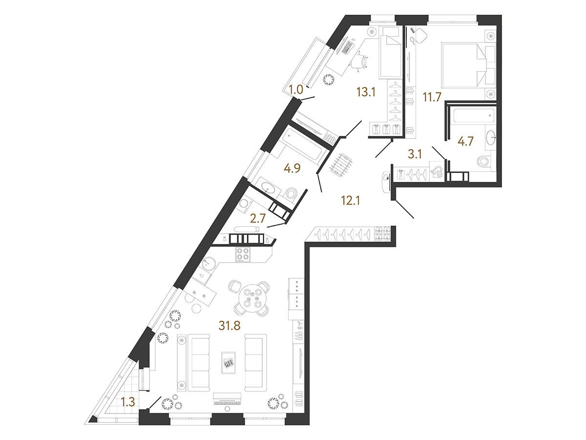 Планировка: 2-комн. квартира 84.10 м² в новостройке Куинджи