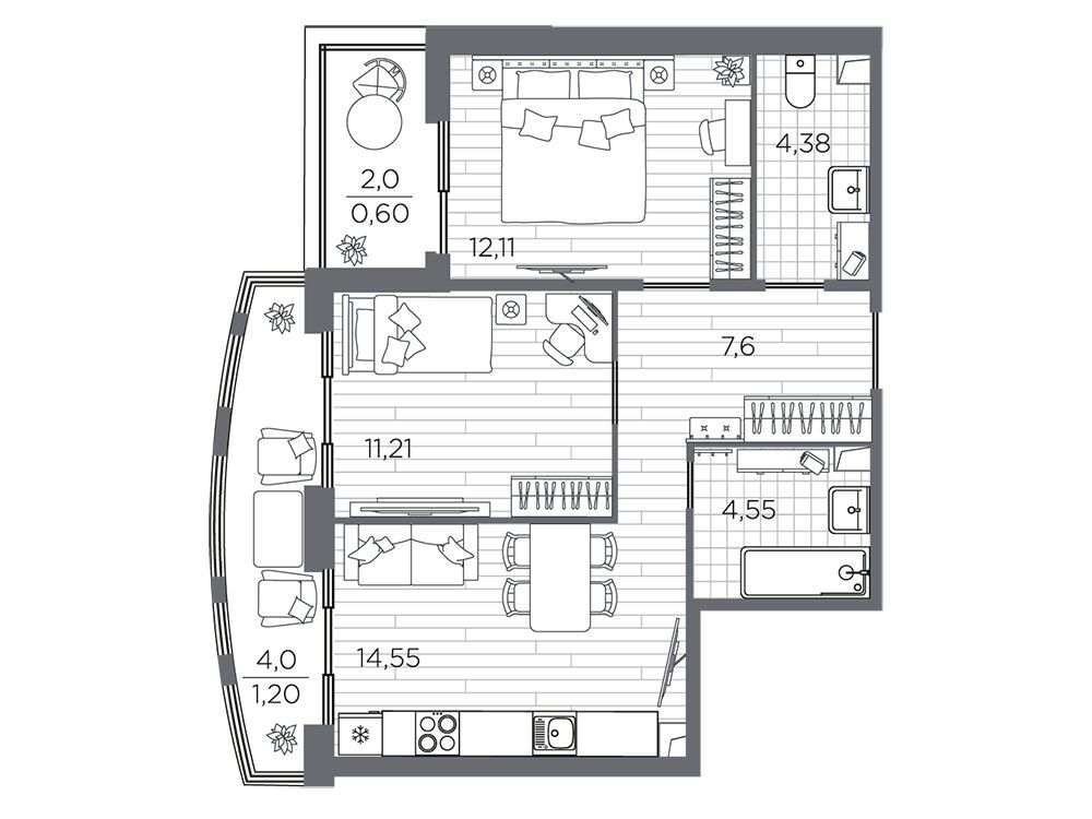 Планировка: 2-комн. квартира 56.20 м² в новостройке Респект