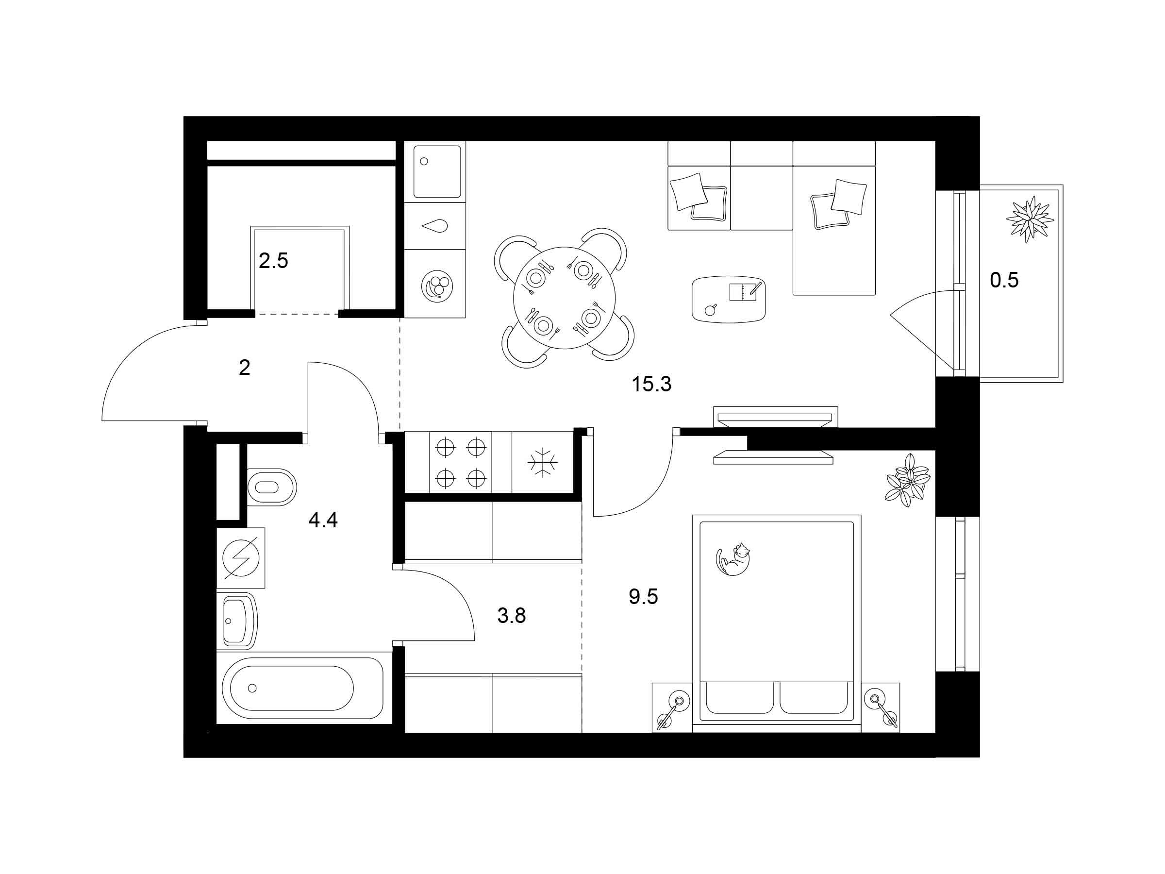 Планировка: 1-комн. квартира 38.00 м² в новостройке Лосиноостровский парк