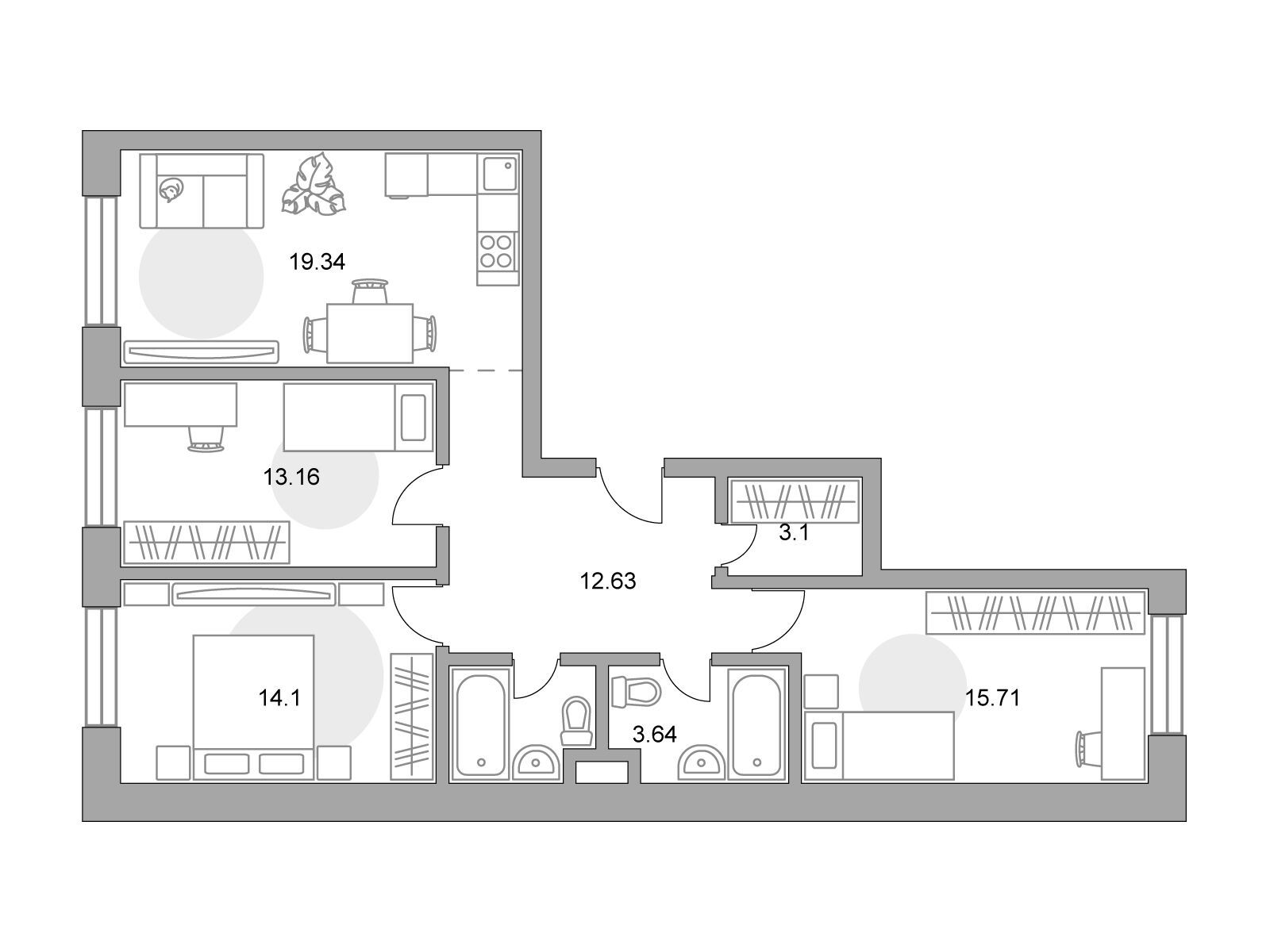 Планировка: 3-комн. квартира 86.00 м² в новостройке Басманный от Гранель