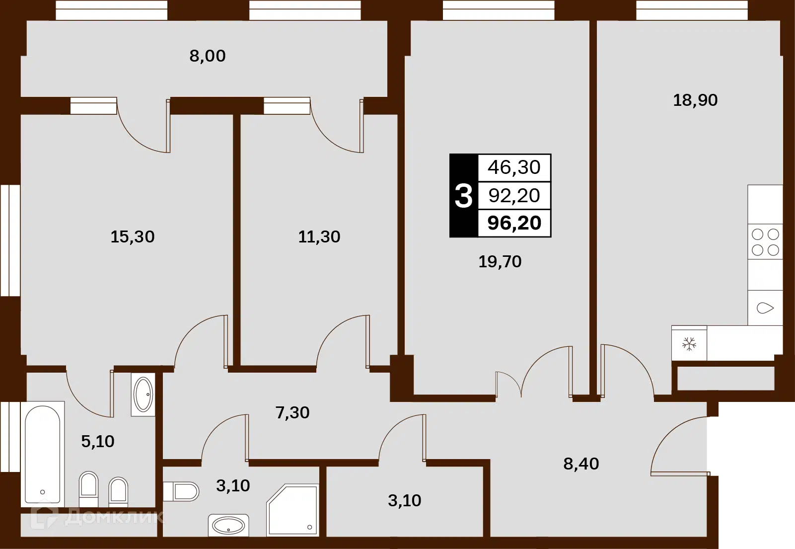 Планировка: 3-комн. квартира 96.20 м² в новостройке Аксис Патриот