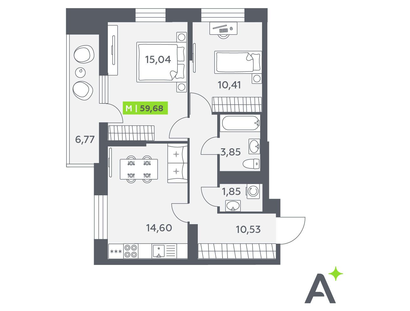 Планировка: 3-комн. квартира 59.68 м² в новостройке Аквилон Верба
