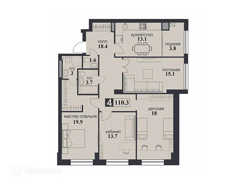Планировка: 4-комн. квартира 110.30 м² в новостройке Надежда