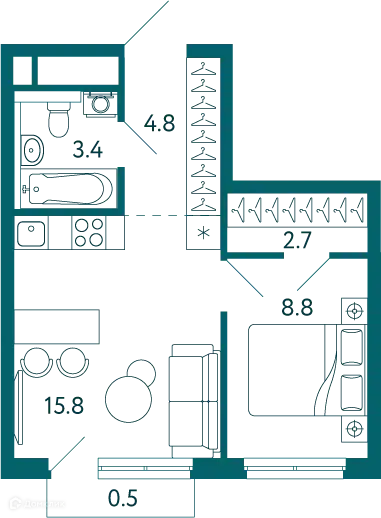 Планировка: 1-комн. квартира 36.00 м² в новостройке Садовые кварталы