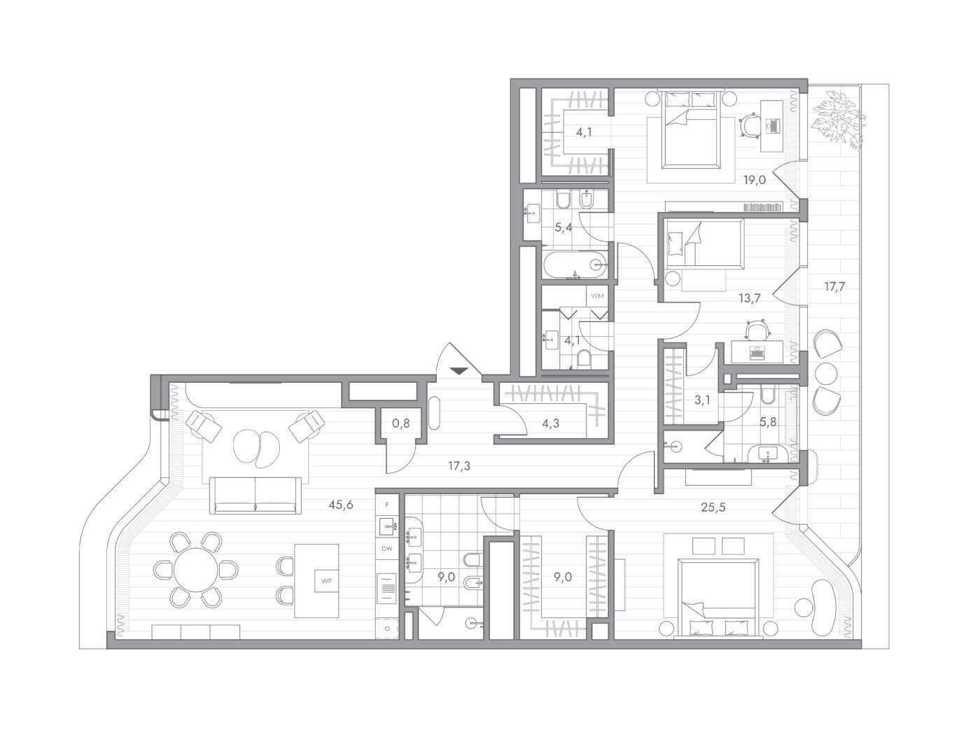 Планировка: 3-комн. квартира 172.00 м² в новостройке Фантом