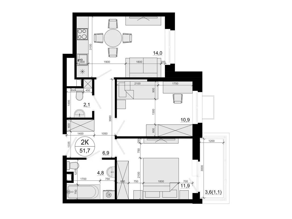 Планировка: 2-комн. квартира 52.70 м² в новостройке ЖК Одинцовские кварталы