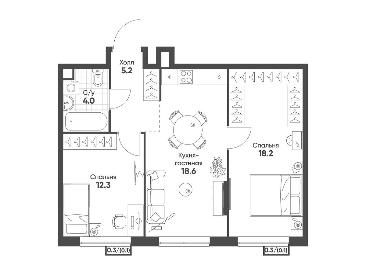 Планировка: 2-комн. квартира 58.50 м² в новостройке ЖК Соколинн Парк