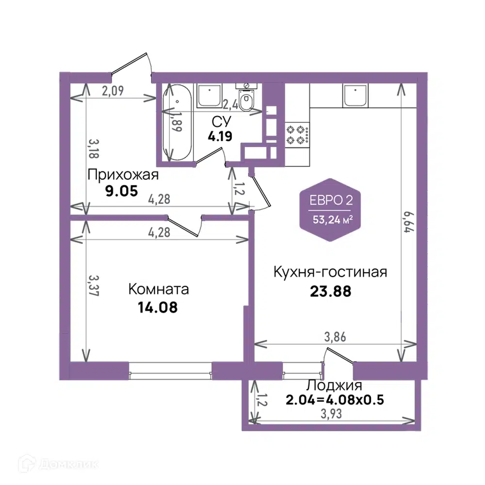 Планировка: 1-комн. квартира 53.24 м² в новостройке Левада