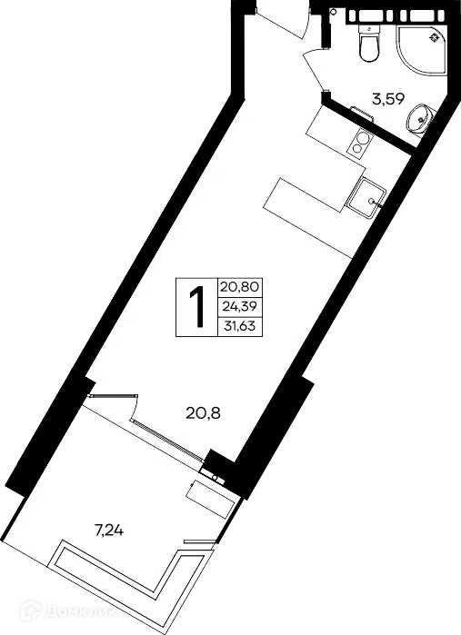 Планировка: 1-комн. квартира 31.63 м² в новостройке Апарт-комплекс Песок и море