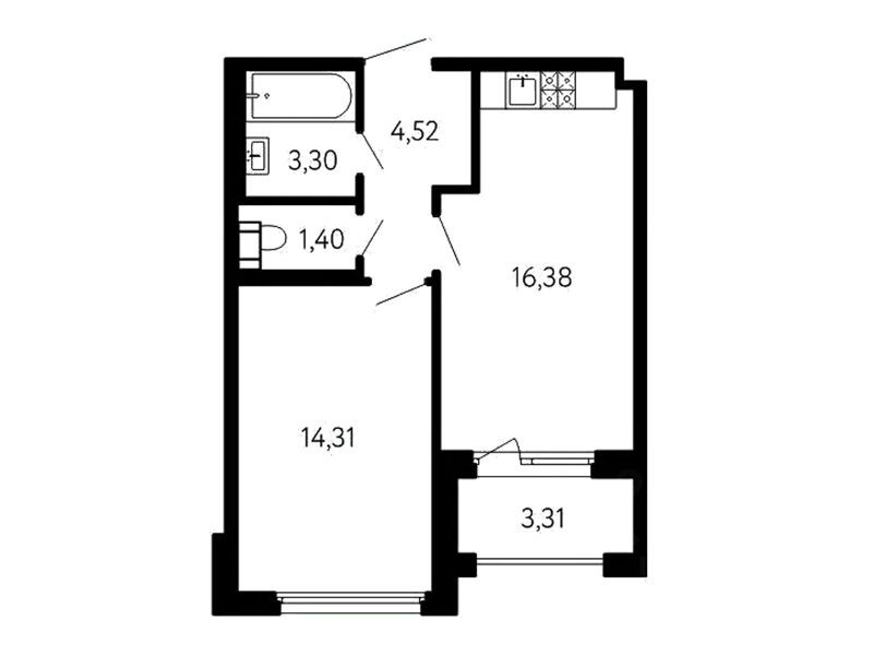 Планировка: 1-комн. квартира 41.57 м² в новостройке 17 линия