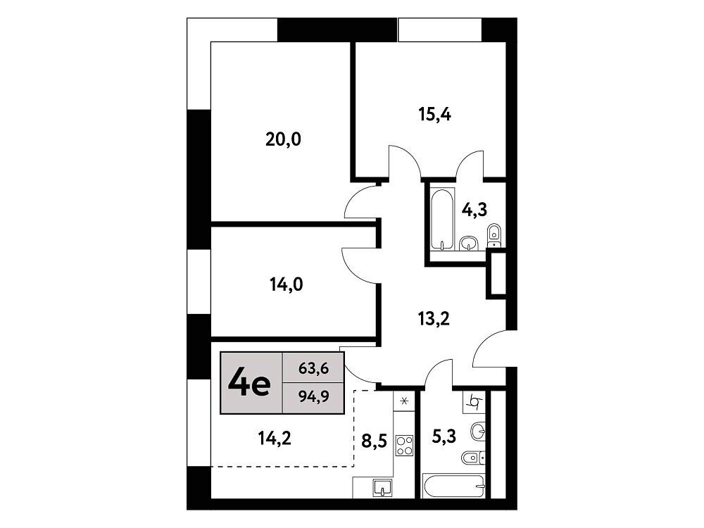 Планировка: 4-комн. квартира 94.90 м² в новостройке Фестиваль Парк-2