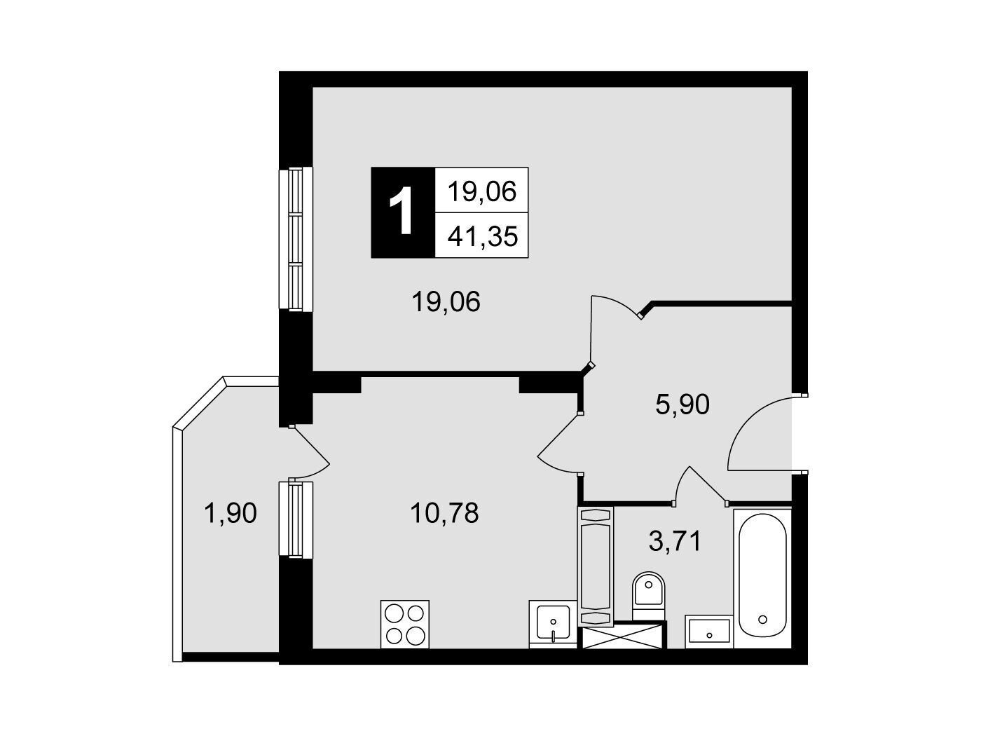 Планировка: 1-комн. квартира 41.35 м² в новостройке Школьный