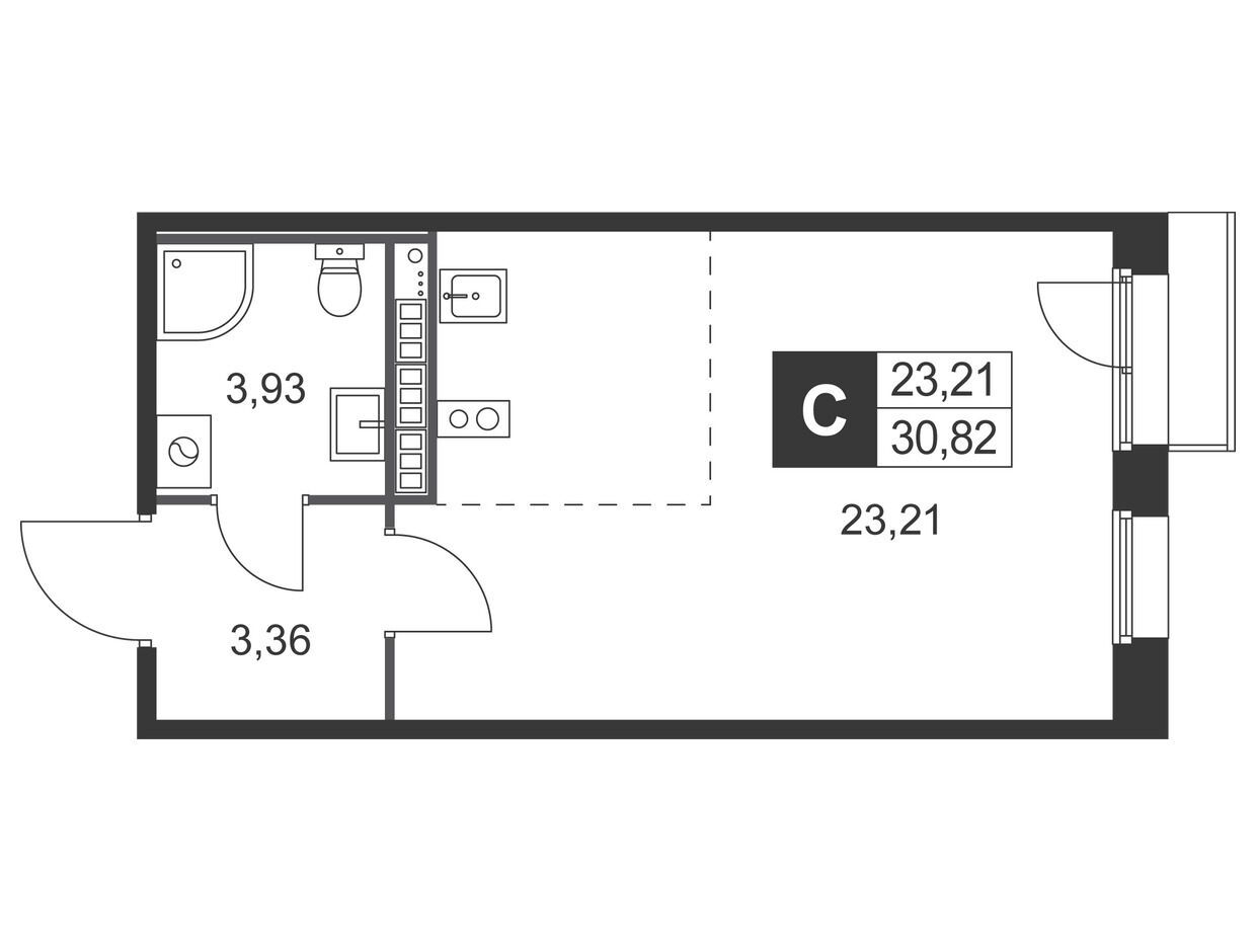 Планировка: Студия 30.82 м² в новостройке Слобода