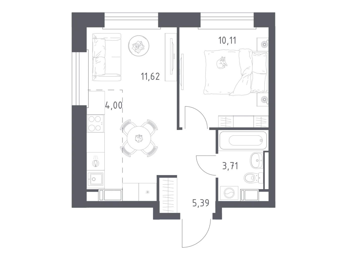 Планировка: 1-комн. квартира 34.83 м² в новостройке Эко Бунино