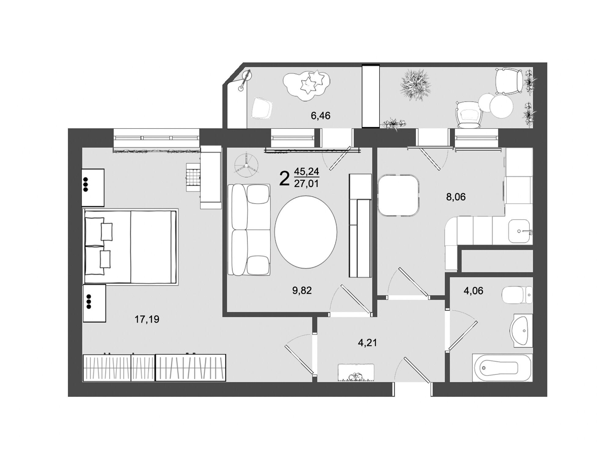 Планировка: 2-комн. квартира 45.24 м² в новостройке Майданово Парк