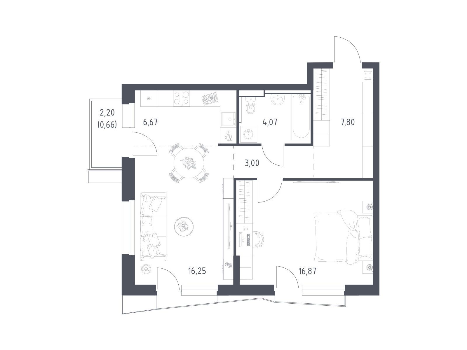 Планировка: 1-комн. квартира 54.40 м² в новостройке Квартал Авиаторов