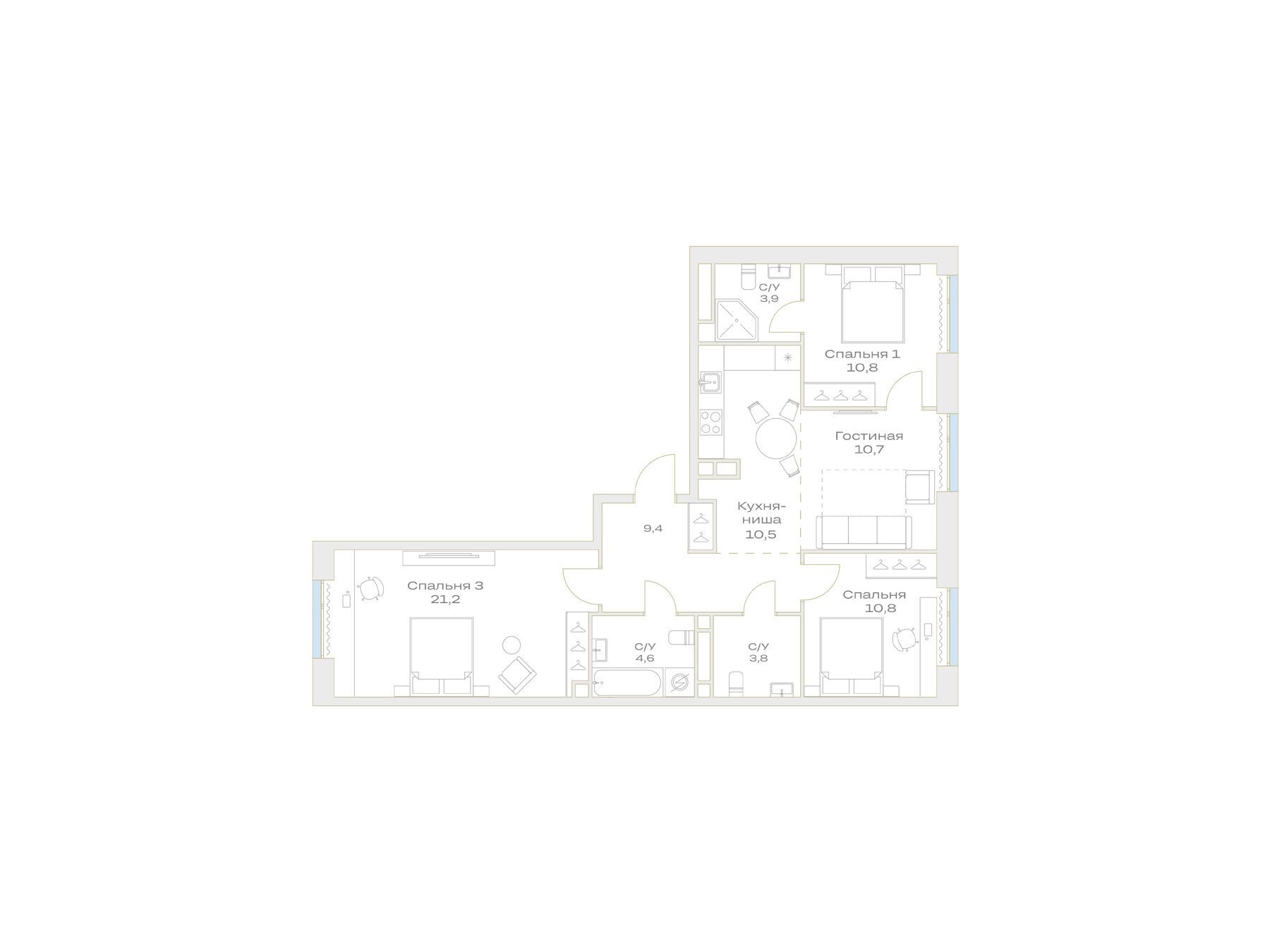 Планировка: 3-комн. квартира 85.70 м² в новостройке Детали