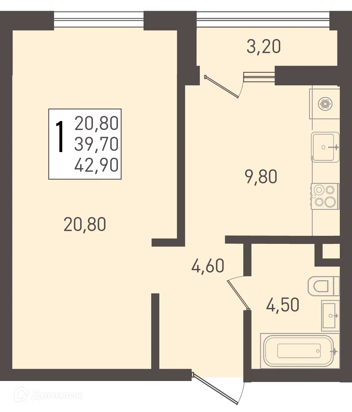 Планировка: 1-комн. квартира 42.90 м² в новостройке Югге