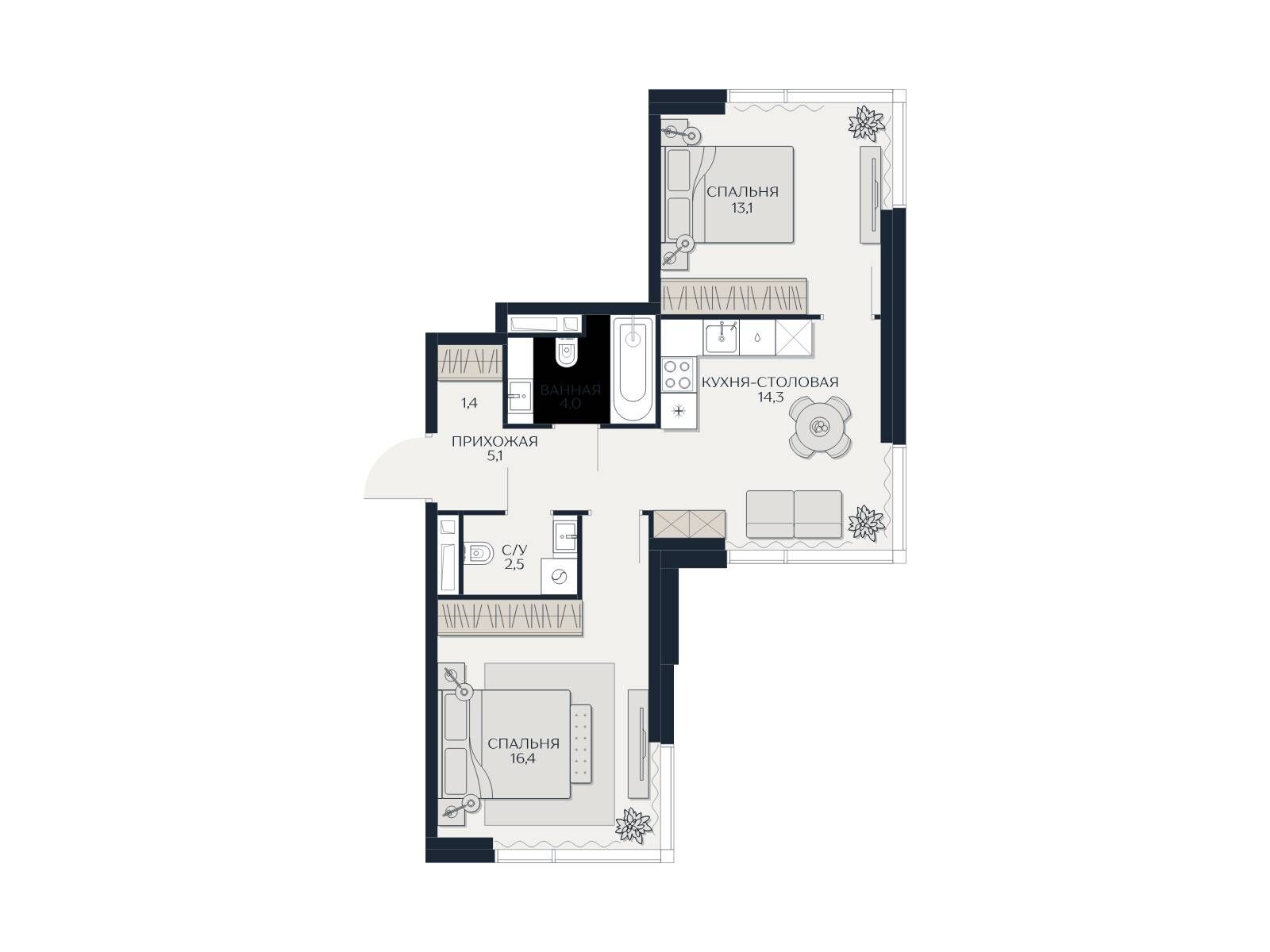 Планировка: 2-комн. квартира 56.80 м² в новостройке Кутузов Сити