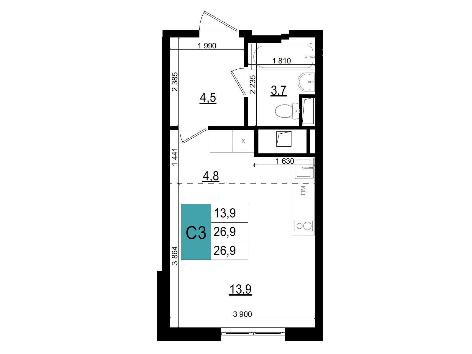 Планировка: Студия 26.90 м² в новостройке ЖК Одинцово сити