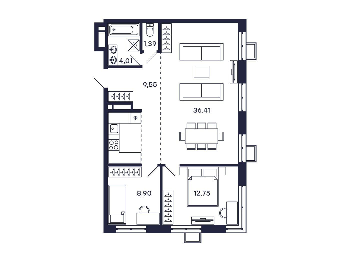 Планировка: 2-комн. квартира 73.01 м² в новостройке Тетрис