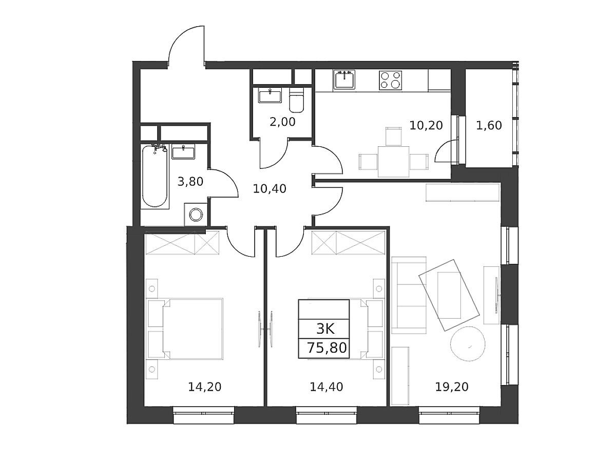 Планировка: 3-комн. квартира 75.80 м² в новостройке Октябрьский