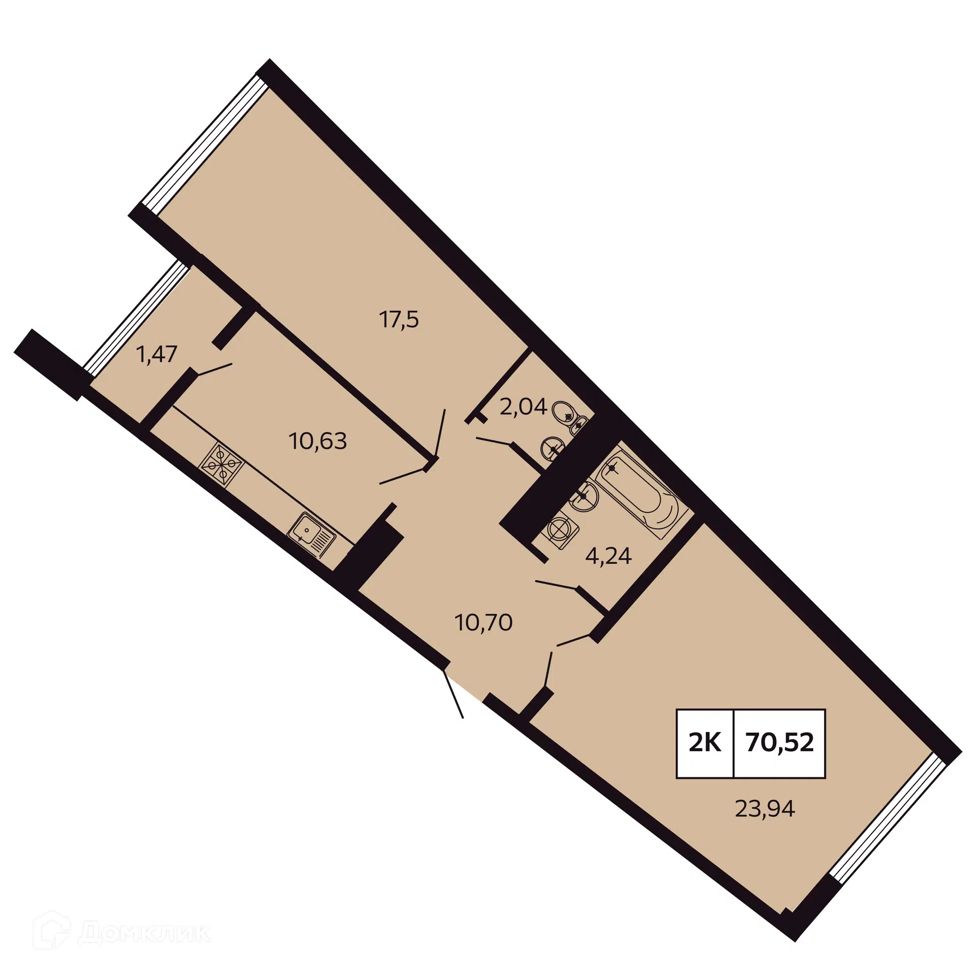 Планировка: 2-комн. квартира 70.52 м² в новостройке Отражение