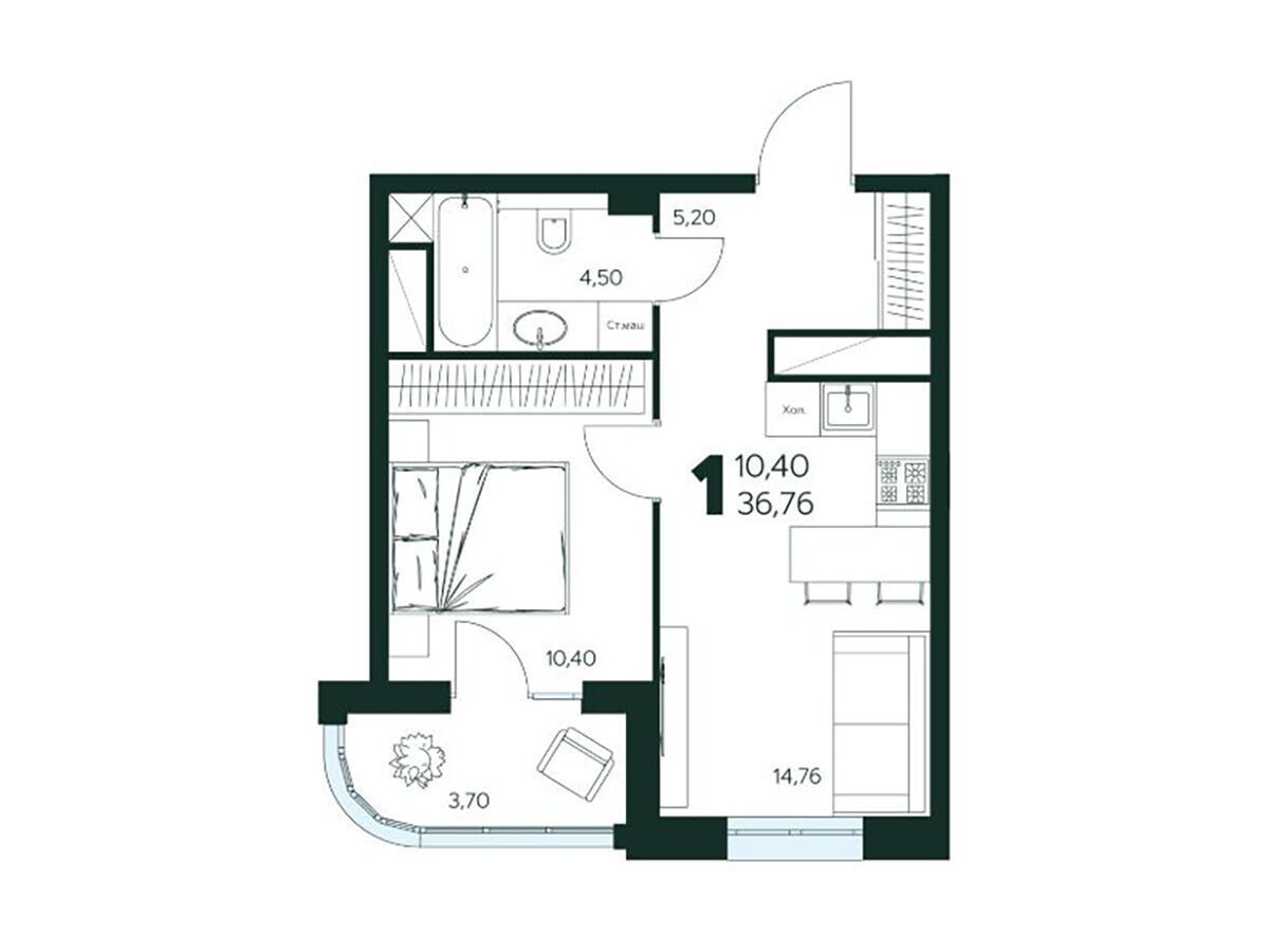 Планировка: 1-комн. квартира 36.76 м² в новостройке Ласточкино