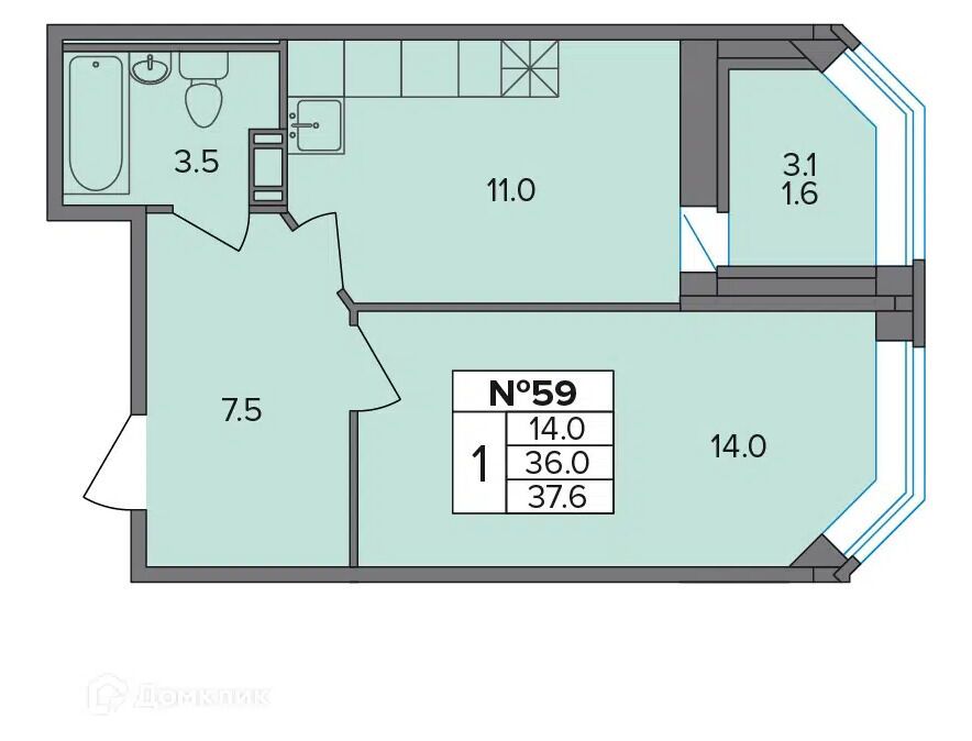 Планировка: 1-комн. квартира 37.60 м² в новостройке Капральский