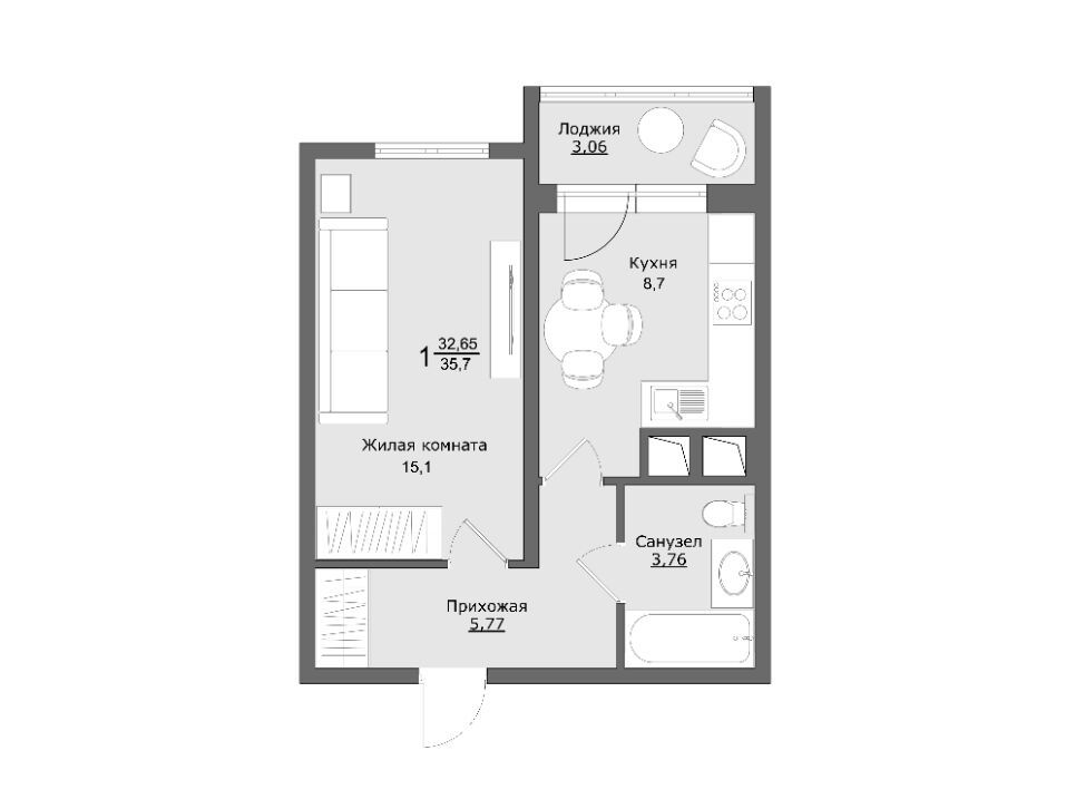 Планировка: 1-комн. квартира 35.70 м² в новостройке Клевер